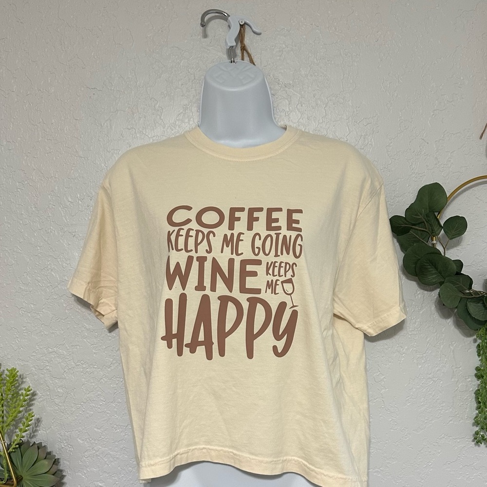 Cream Graphic Tee with Coffee and Wine Print - Picture 1 of 1